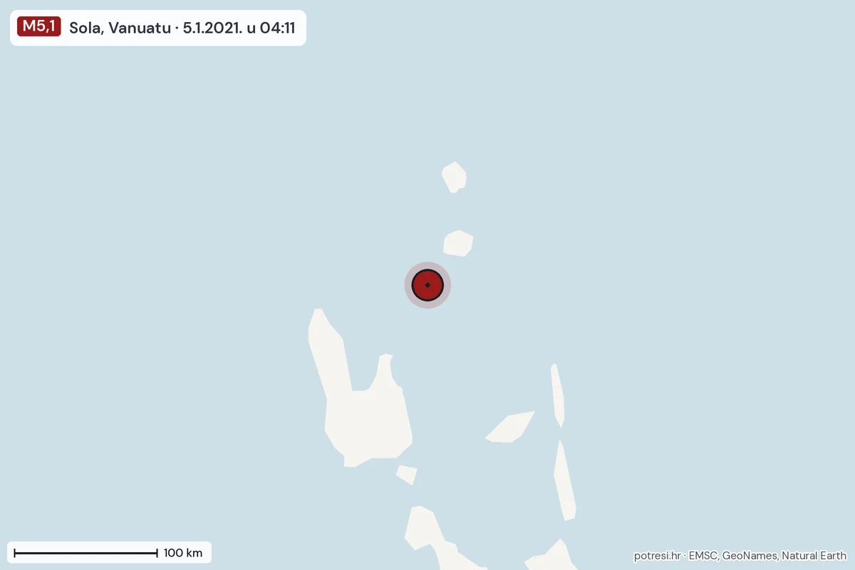 Karta: šire područje, 600 km, potres M5,1, Sola, Vanuatu, 5.1.2021.