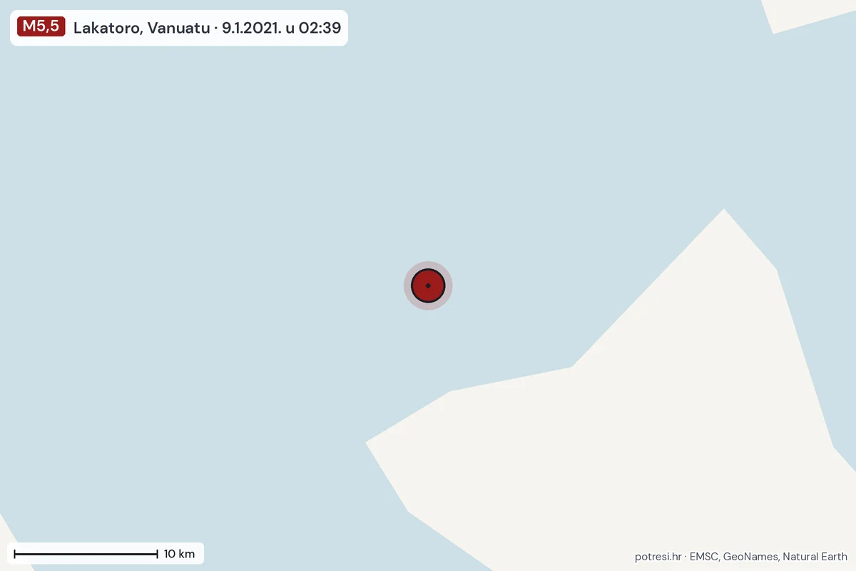 Karta: okolica epicentra, 60 km, potres M5,5, Lakatoro, Vanuatu, 9.1.2021.