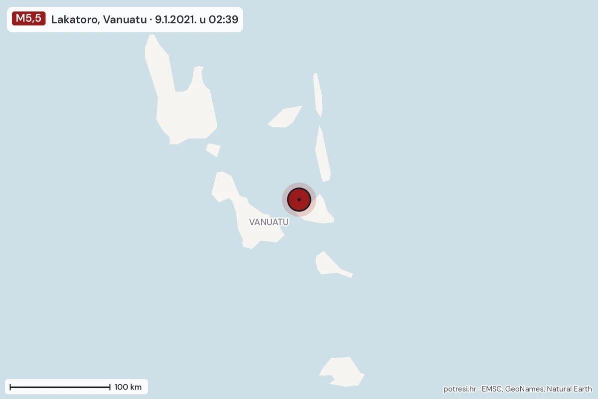 Karta: šire područje, 600 km, potres M5,5, Lakatoro, Vanuatu, 9.1.2021.