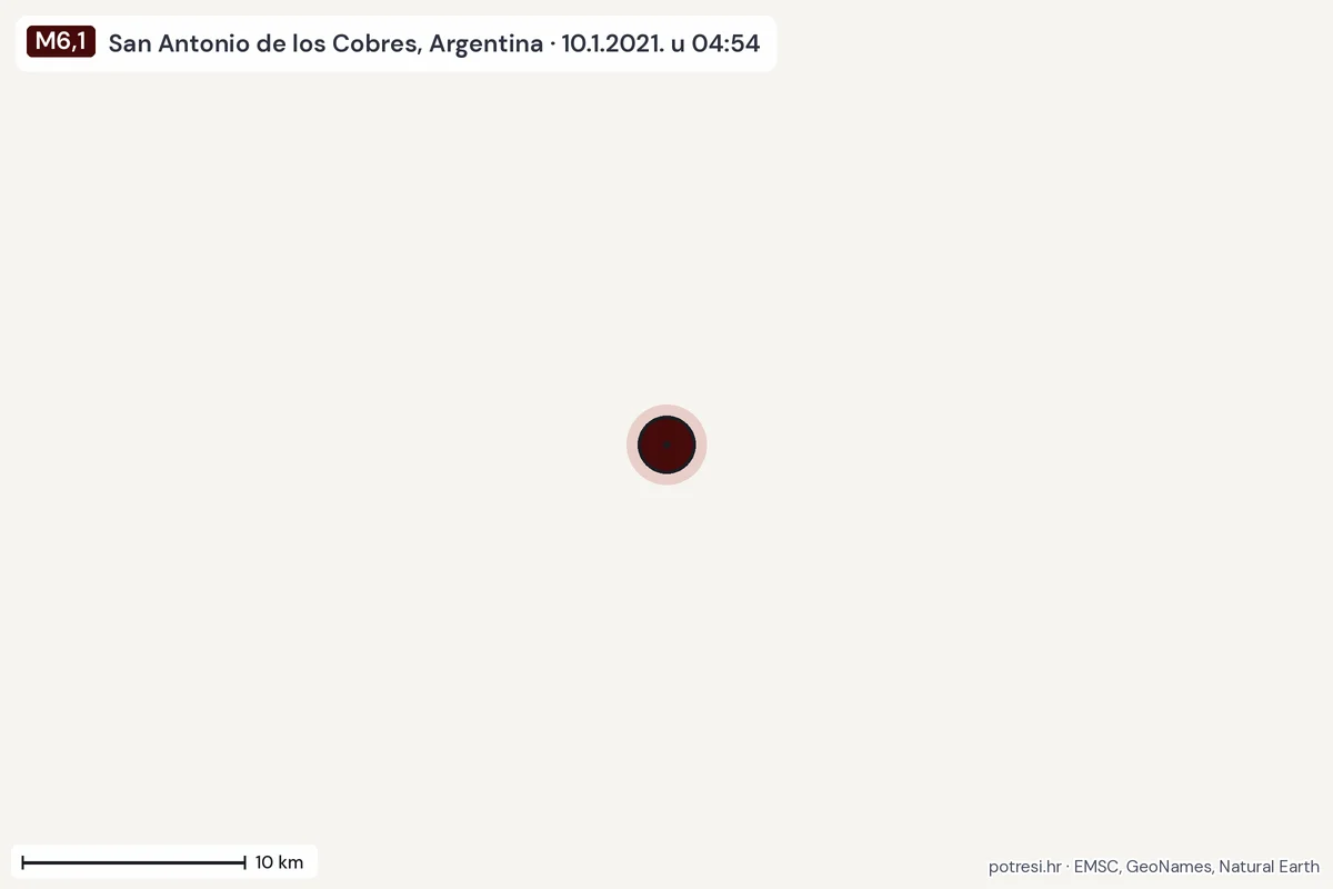 Karta: okolica epicentra, 60 km, potres M6,1, San Antonio de los Cobres, Argentina, 10.1.2021.