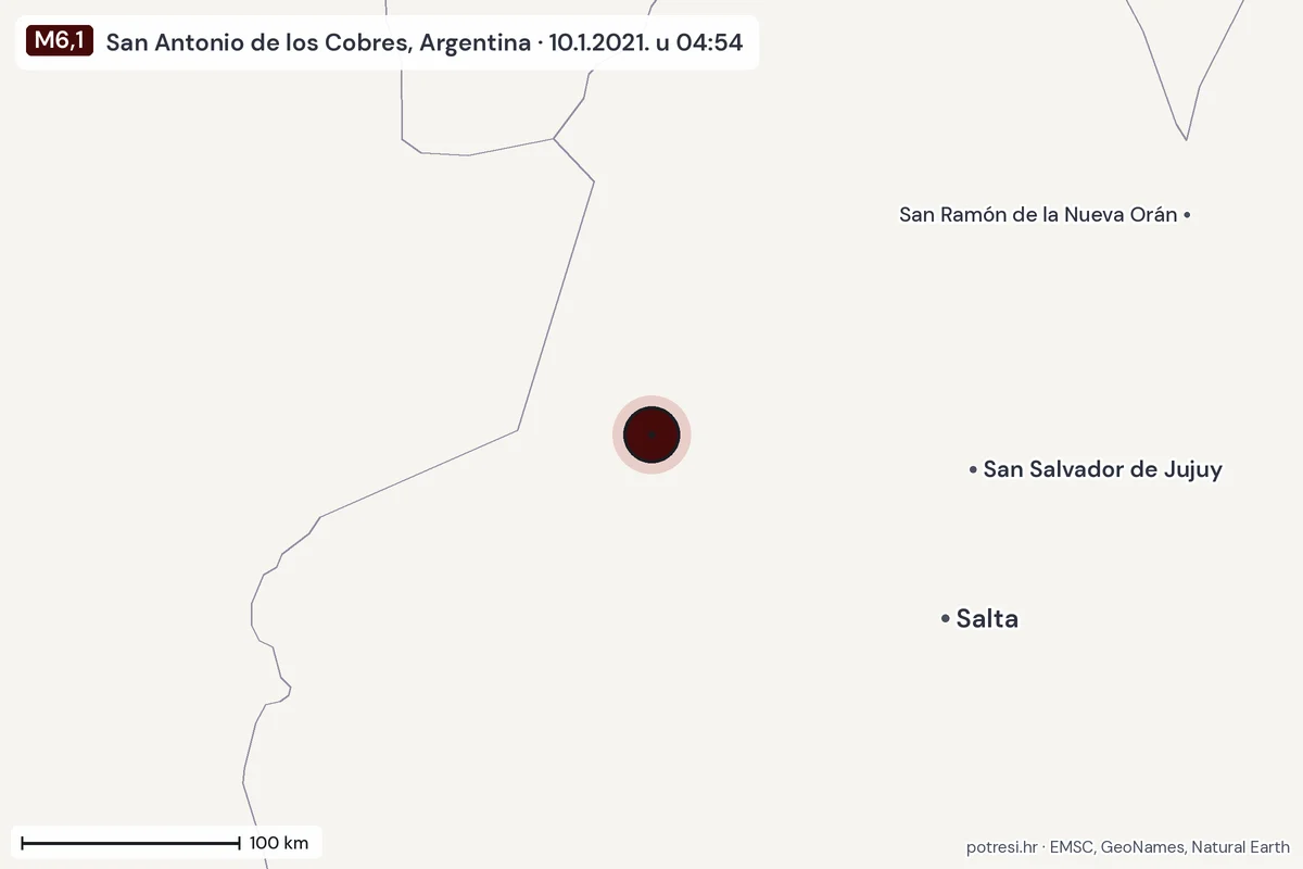 Karta: šire područje, 600 km, potres M6,1, San Antonio de los Cobres, Argentina, 10.1.2021.