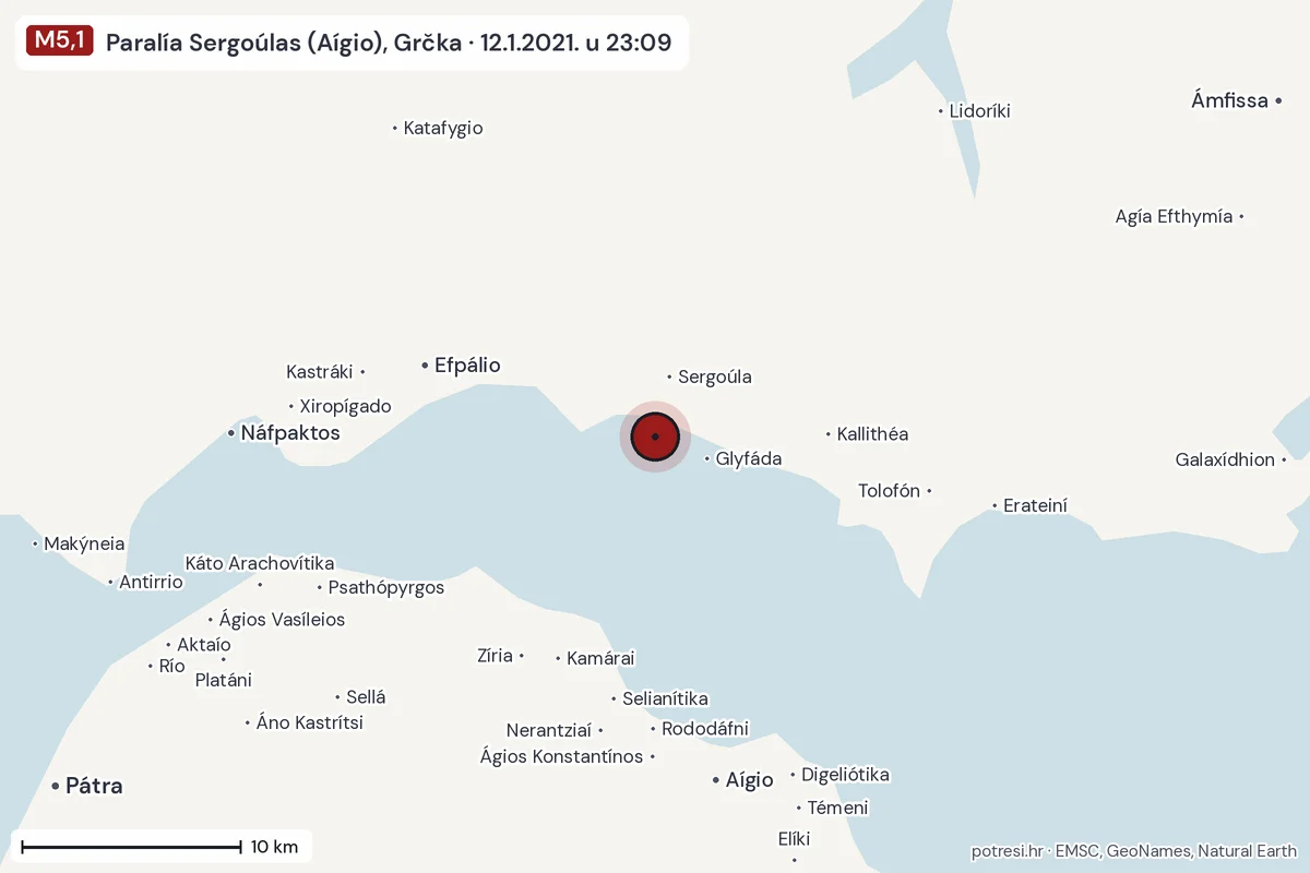 Karta: okolica epicentra, 60 km, potres M5,1, Paralía Sergoúlas (Aígio), Grčka, 12.1.2021.
