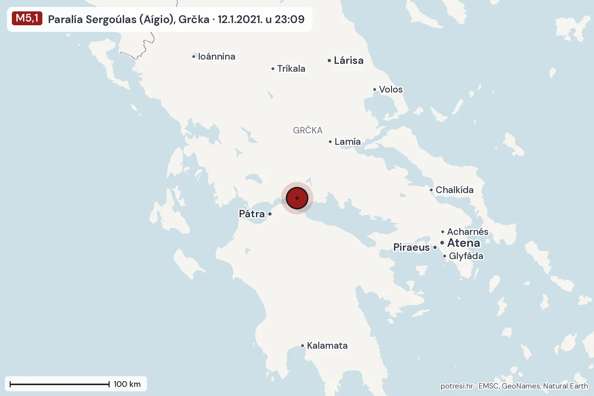 Karta: šire područje, 600 km, potres M5,1, Paralía Sergoúlas (Aígio), Grčka, 12.1.2021.