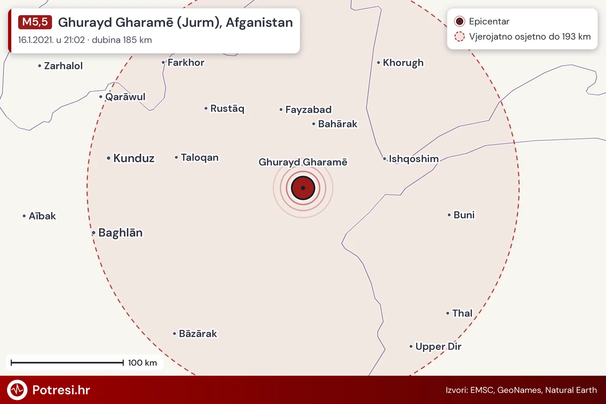 Karta: šire područje i vjerojatni doseg osjeta, potres M5,5, Ghurayd Gharamē (Jurm), Afganistan, 16.1.2021.