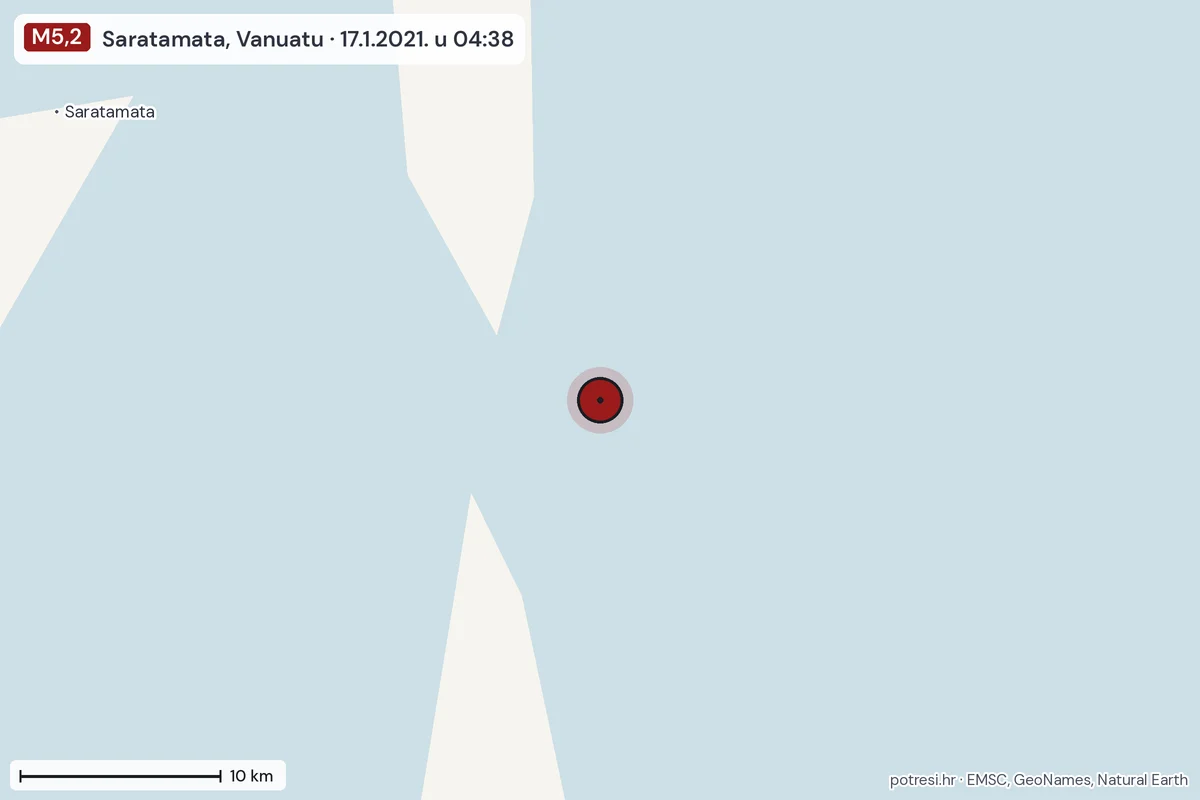 Karta: okolica epicentra, 60 km, potres M5,2, Saratamata, Vanuatu, 17.1.2021.