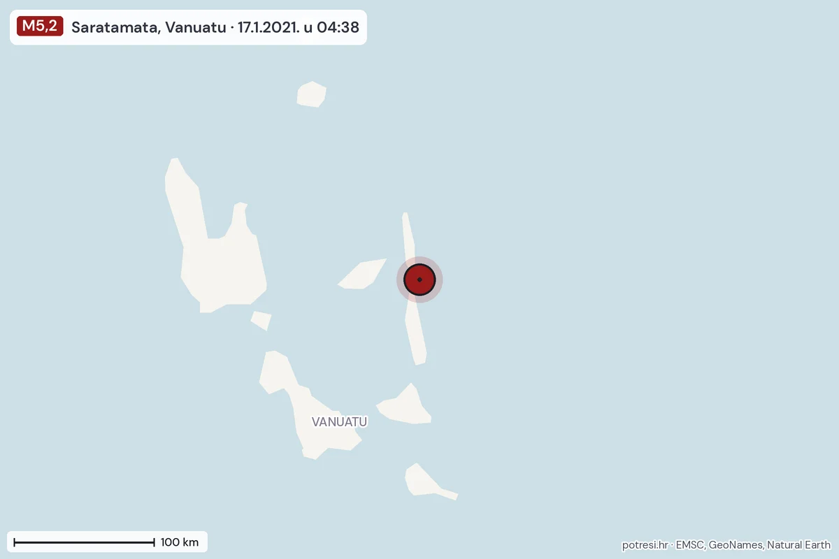 Karta: šire područje, 600 km, potres M5,2, Saratamata, Vanuatu, 17.1.2021.