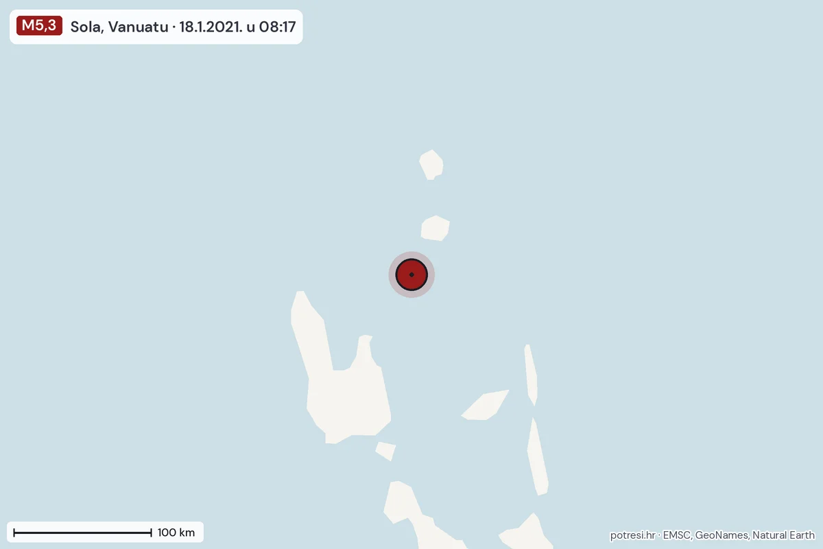 Karta: šire područje, 600 km, potres M5,3, Sola, Vanuatu, 18.1.2021.