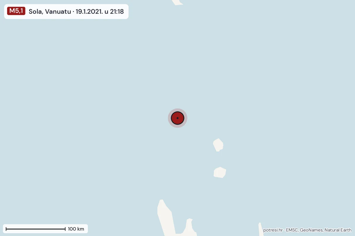 Karta: šire područje, 600 km, potres M5,1, Sola, Vanuatu, 19.1.2021.