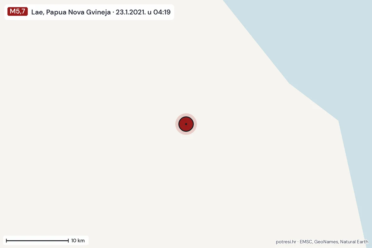 Karta: okolica epicentra, 60 km, potres M5,7, Lae, Papua Nova Gvineja, 23.1.2021.
