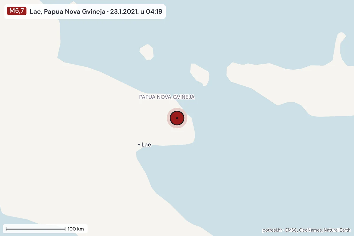 Karta: šire područje, 600 km, potres M5,7, Lae, Papua Nova Gvineja, 23.1.2021.