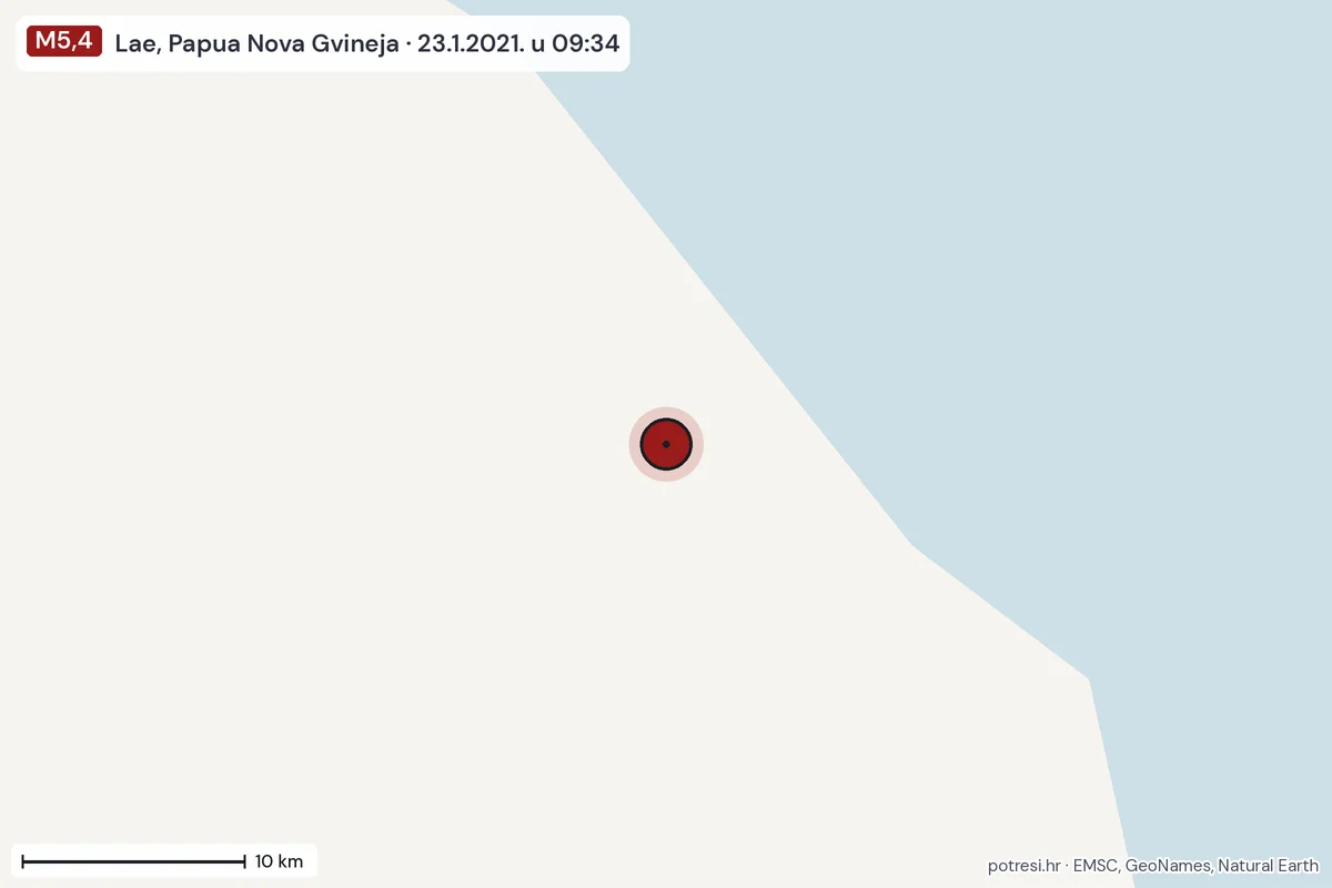 Karta: okolica epicentra, 60 km, potres M5,4, Lae, Papua Nova Gvineja, 23.1.2021.