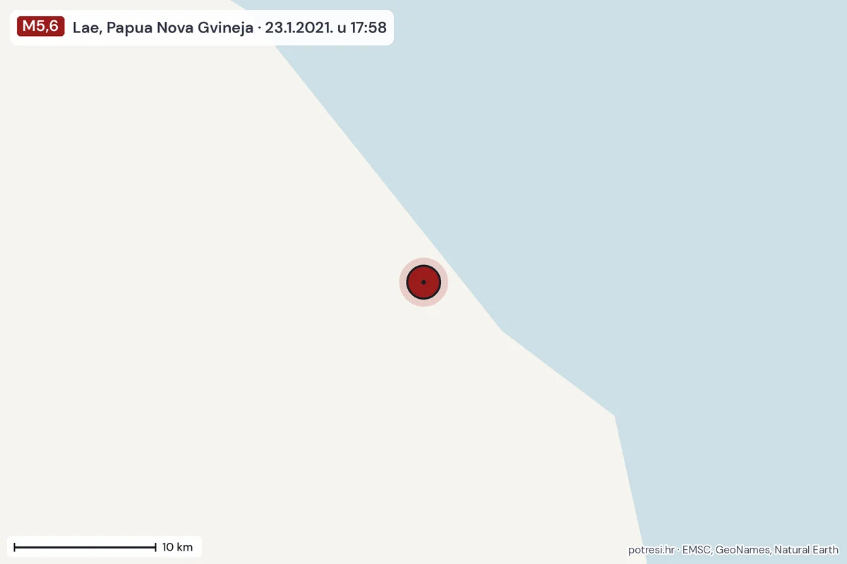 Karta: okolica epicentra, 60 km, potres M5,6, Lae, Papua Nova Gvineja, 23.1.2021.