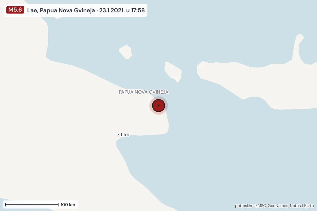 Karta: šire područje, 600 km, potres M5,6, Lae, Papua Nova Gvineja, 23.1.2021.