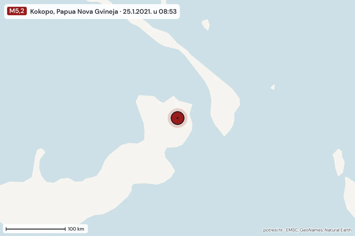 Karta: šire područje, 600 km, potres M5,2, Kokopo, Papua Nova Gvineja, 25.1.2021.