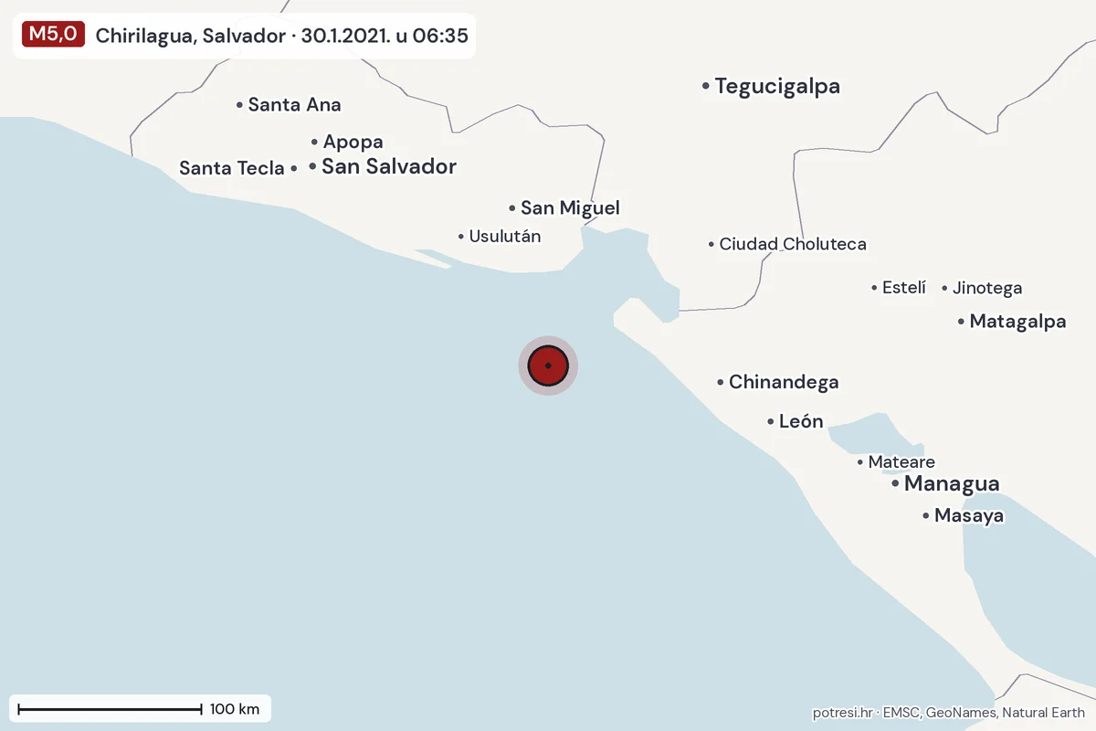 Karta: šire područje, 600 km, potres M5,0, Chirilagua, Salvador, 30.1.2021.