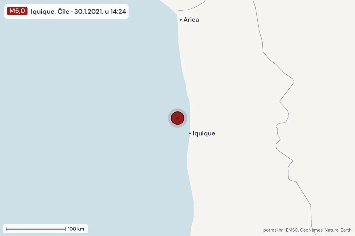 Karta: šire područje, 600 km, potres M5,0, Iquique, Čile, 30.1.2021.