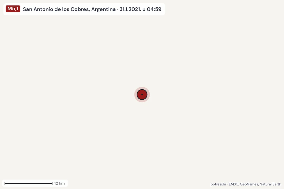 Karta: okolica epicentra, 60 km, potres M5,1, San Antonio de los Cobres, Argentina, 31.1.2021.