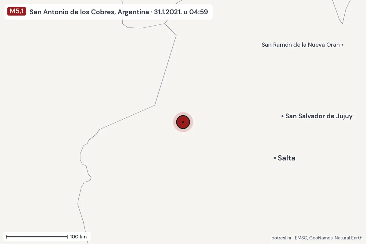 Karta: šire područje, 600 km, potres M5,1, San Antonio de los Cobres, Argentina, 31.1.2021.