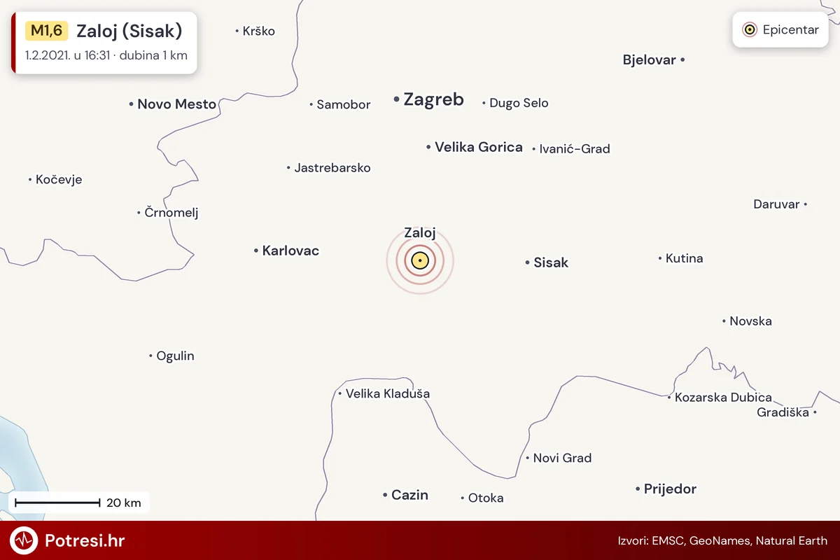 Karta: šire područje i vjerojatni doseg osjeta, potres M1,6, Zaloj (Sisak), 1.2.2021.