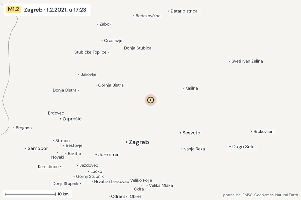 Karta: okolica epicentra, 60 km, potres M1,2, Zagreb, 1.2.2021.