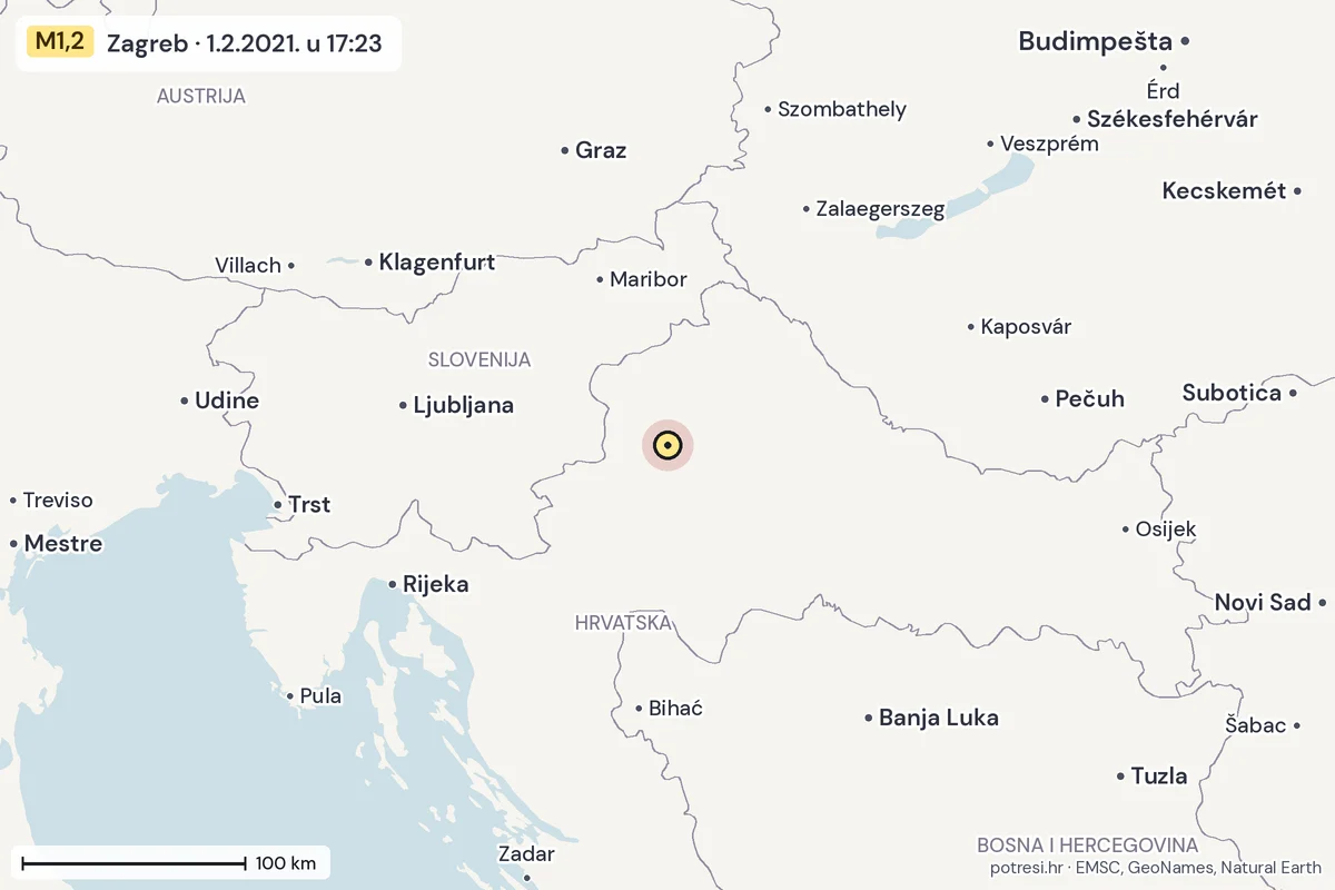 Karta: šire područje, 600 km, potres M1,2, Zagreb, 1.2.2021.