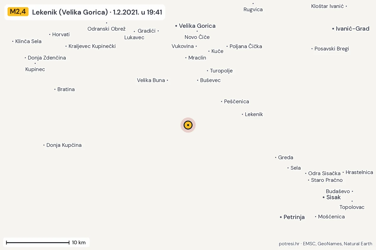 Karta: okolica epicentra, 60 km, potres M2,4, Lekenik (Velika Gorica), 1.2.2021.