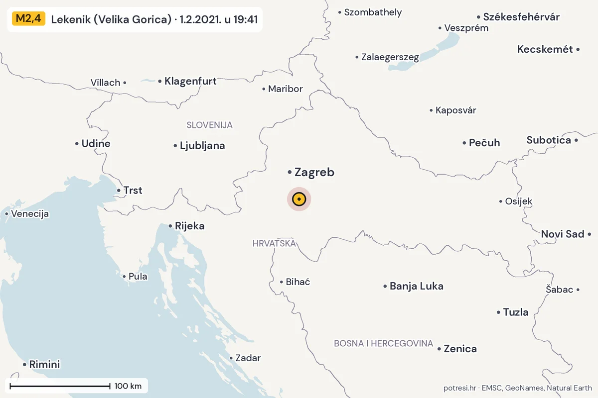 Karta: šire područje, 600 km, potres M2,4, Lekenik (Velika Gorica), 1.2.2021.
