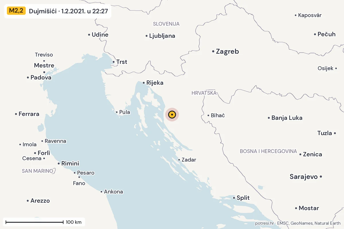 Karta: šire područje, 600 km, potres M2,2, Dujmišići, 1.2.2021.