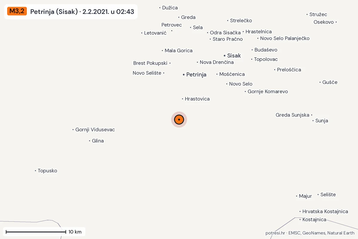 Karta: okolica epicentra, 60 km, potres M3,2, Petrinja (Sisak), 2.2.2021.