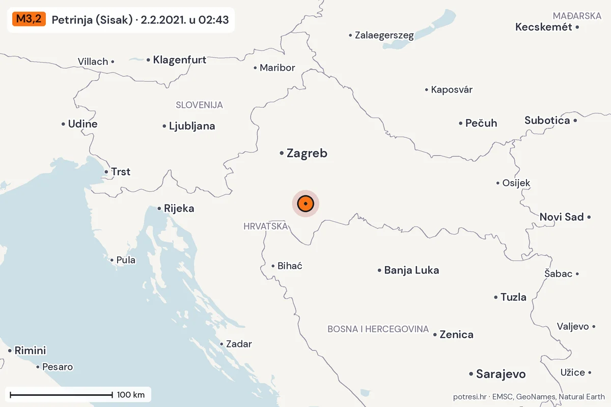Karta: šire područje, 600 km, potres M3,2, Petrinja (Sisak), 2.2.2021.
