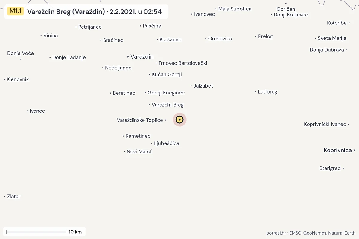 Karta: okolica epicentra, 60 km, potres M1,1, Varaždin Breg (Varaždin), 2.2.2021.