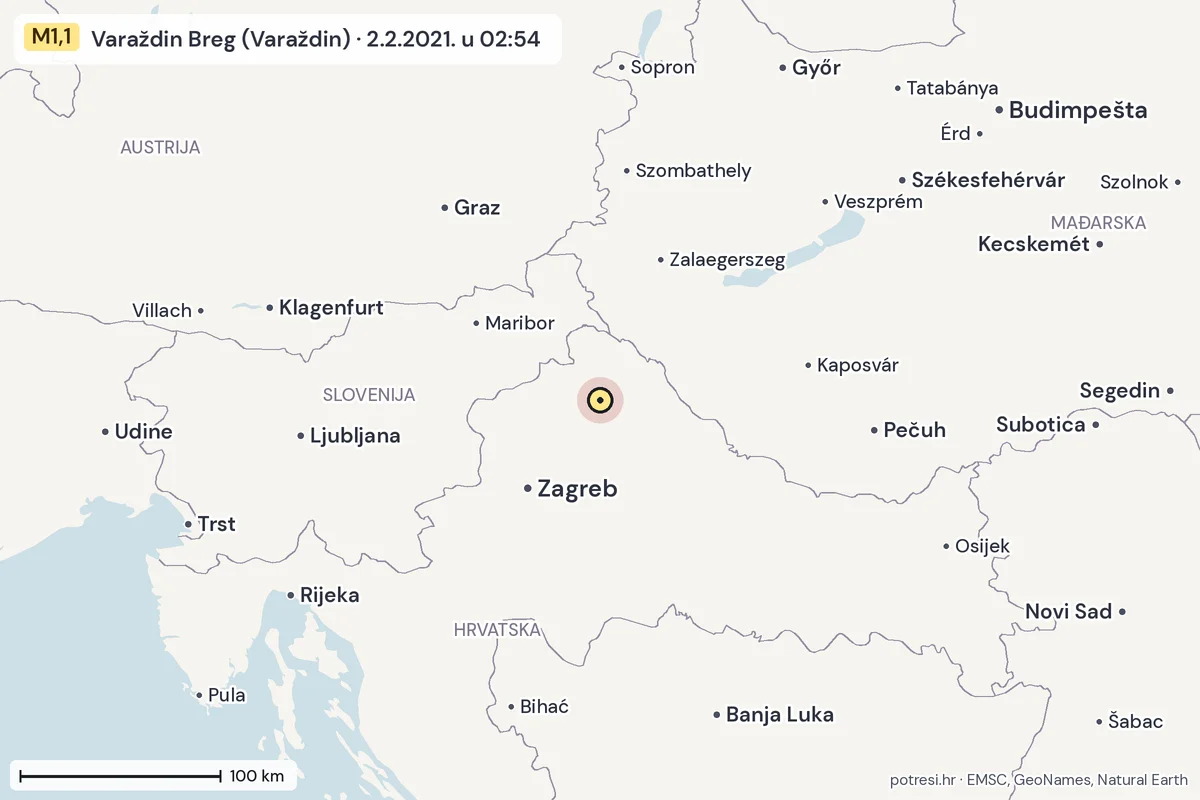 Karta: šire područje, 600 km, potres M1,1, Varaždin Breg (Varaždin), 2.2.2021.