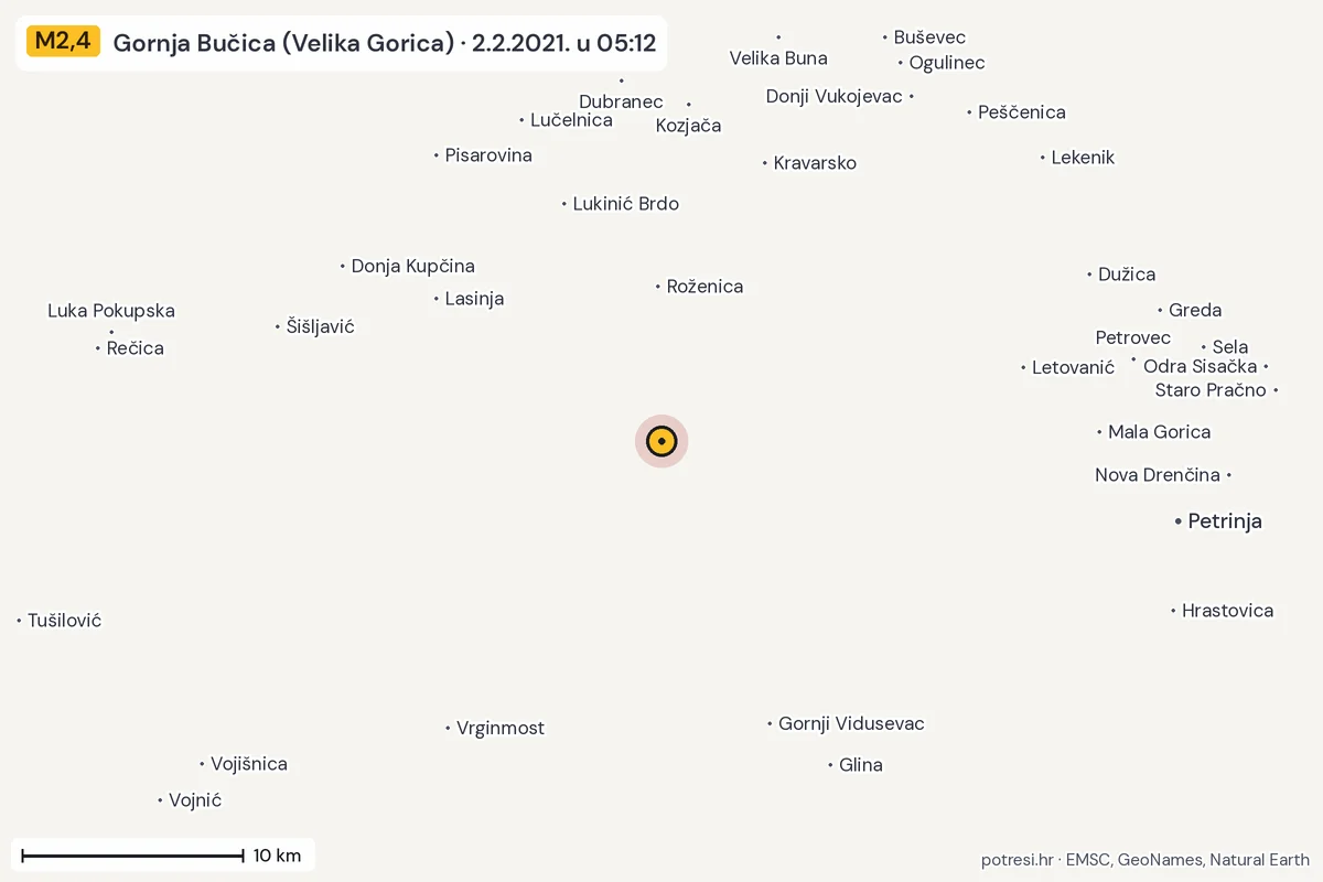 Karta: okolica epicentra, 60 km, potres M2,4, Gornja Bučica (Velika Gorica), 2.2.2021.
