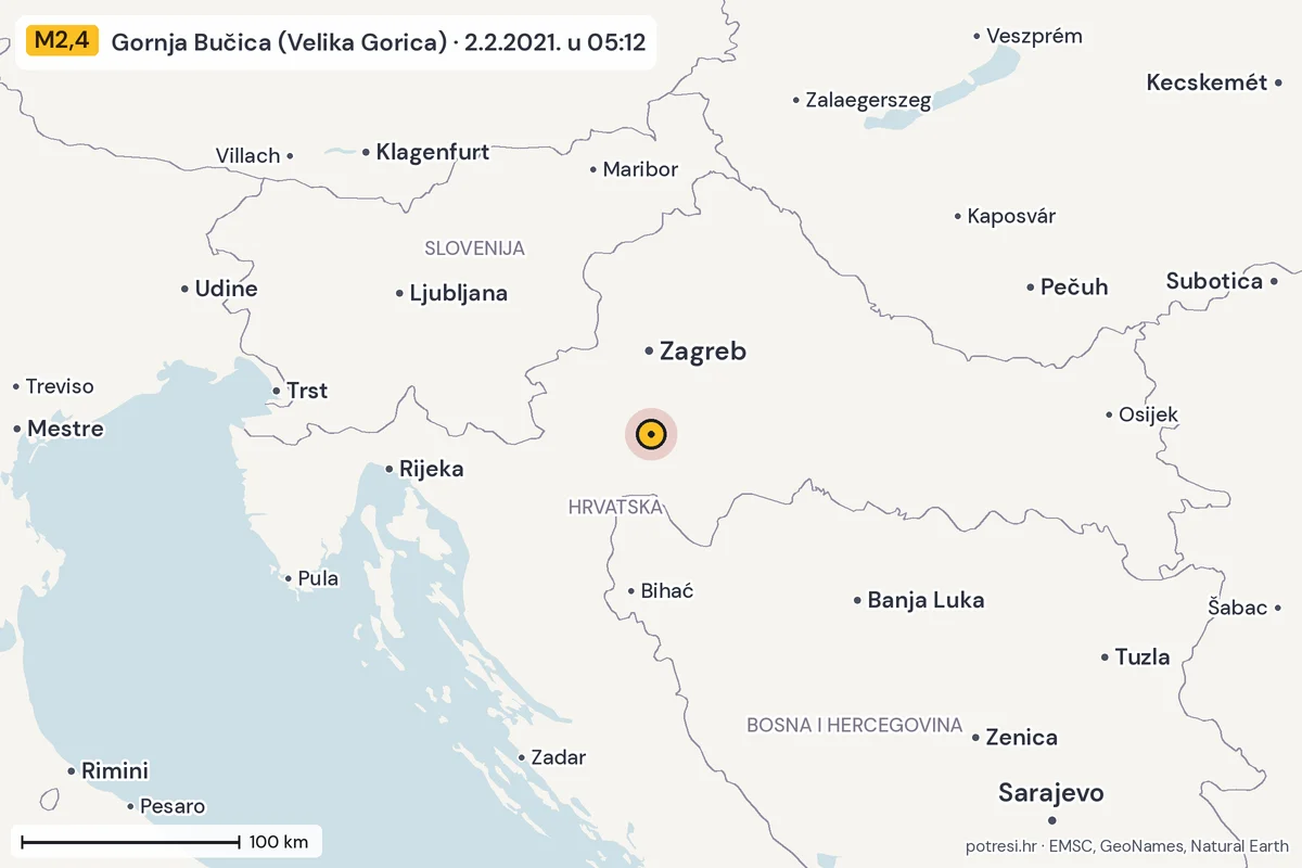 Karta: šire područje, 600 km, potres M2,4, Gornja Bučica (Velika Gorica), 2.2.2021.