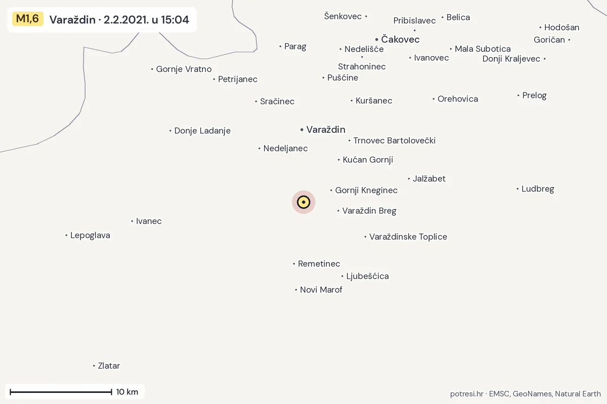 Karta: okolica epicentra, 60 km, potres M1,6, Varaždin, 2.2.2021.