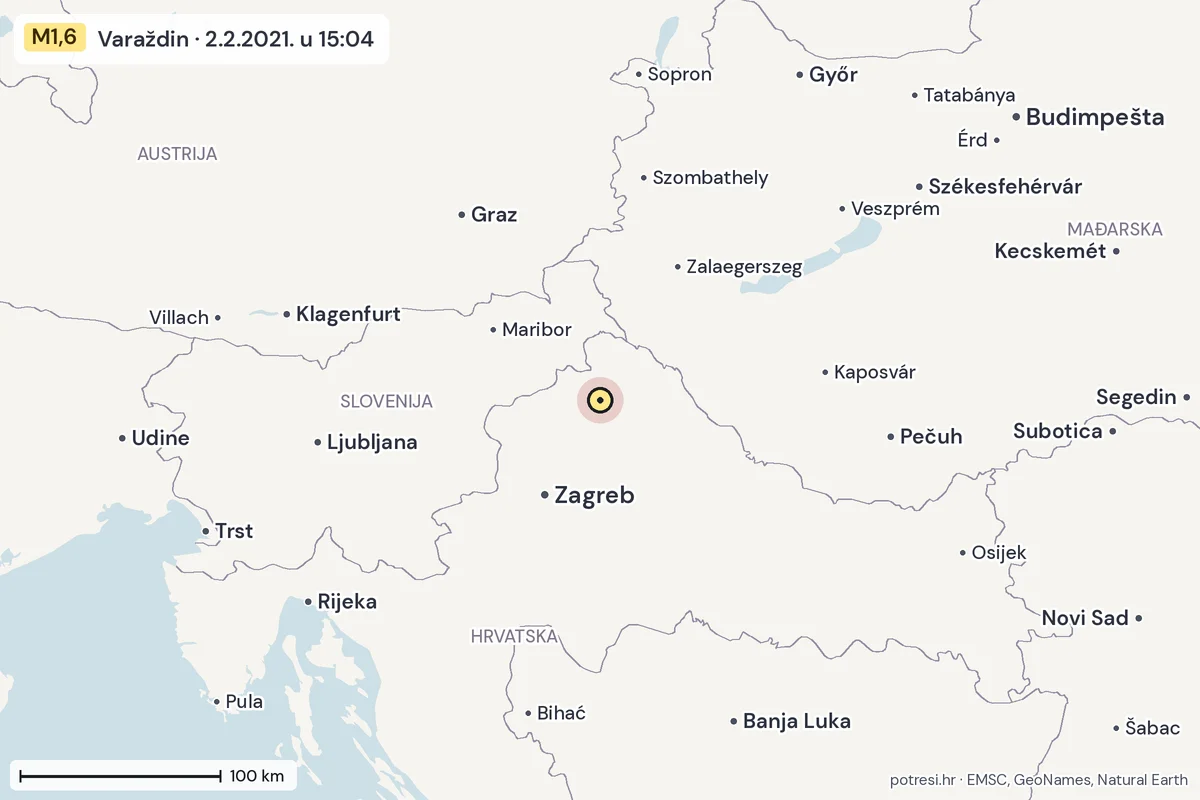 Karta: šire područje, 600 km, potres M1,6, Varaždin, 2.2.2021.