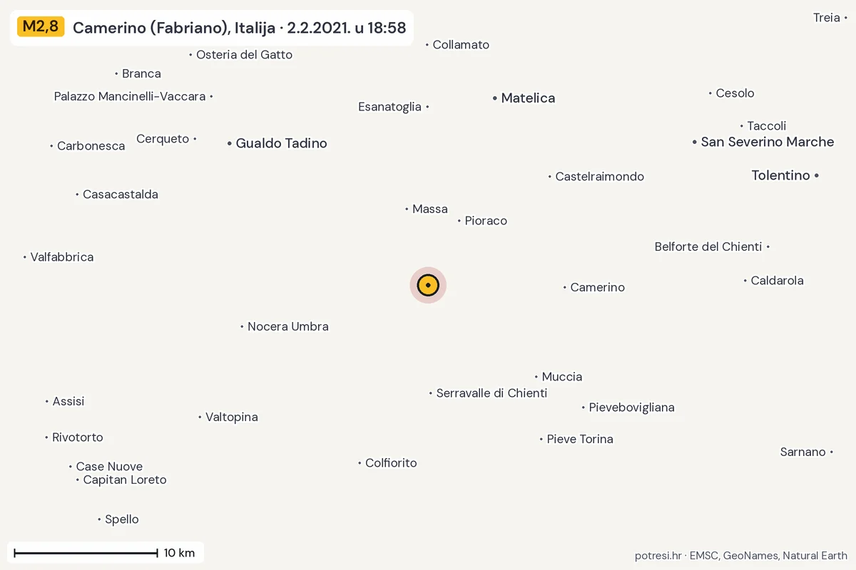 Karta: okolica epicentra, 60 km, potres M2,8, Camerino (Fabriano), Italija, 2.2.2021.