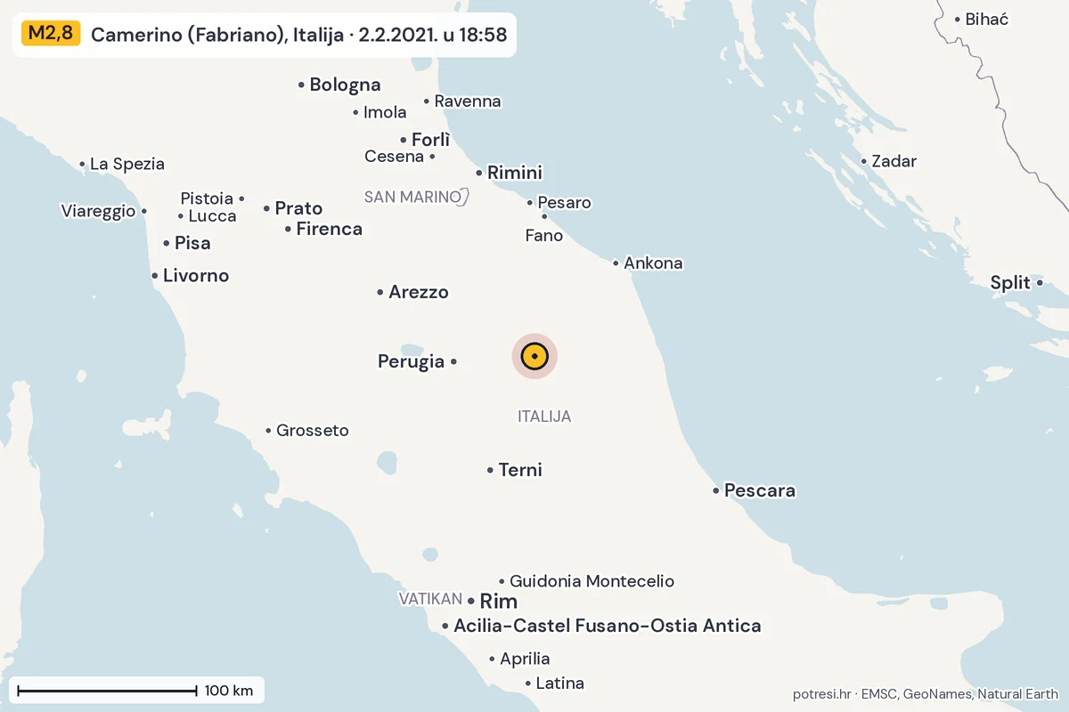 Karta: šire područje, 600 km, potres M2,8, Camerino (Fabriano), Italija, 2.2.2021.