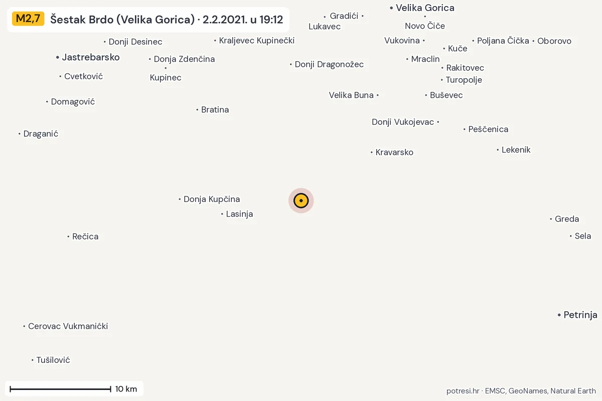 Karta: okolica epicentra, 60 km, potres M2,7, Šestak Brdo (Velika Gorica), 2.2.2021.