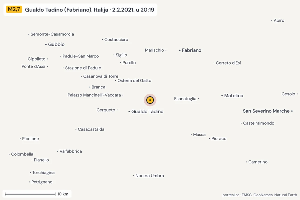Karta: okolica epicentra, 60 km, potres M2,7, Gualdo Tadino (Fabriano), Italija, 2.2.2021.