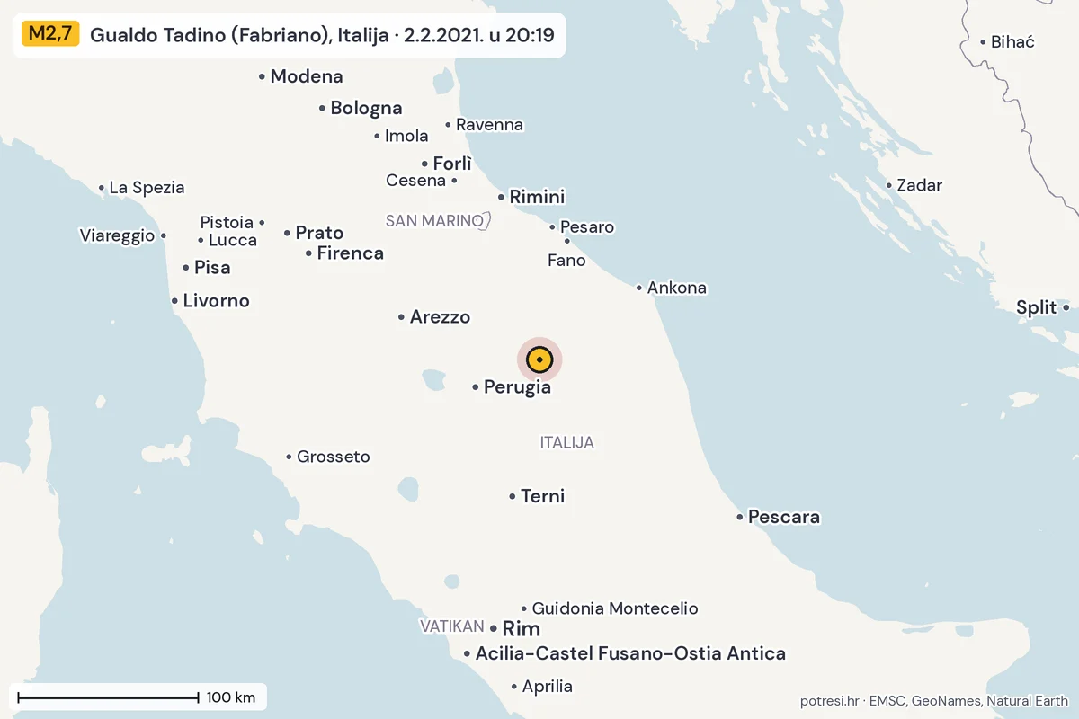 Karta: šire područje, 600 km, potres M2,7, Gualdo Tadino (Fabriano), Italija, 2.2.2021.