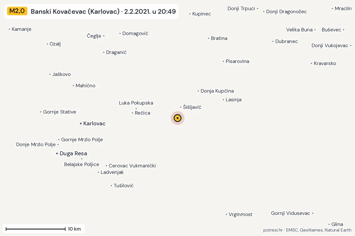 Karta: okolica epicentra, 60 km, potres M2,0, Banski Kovačevac (Karlovac), 2.2.2021.