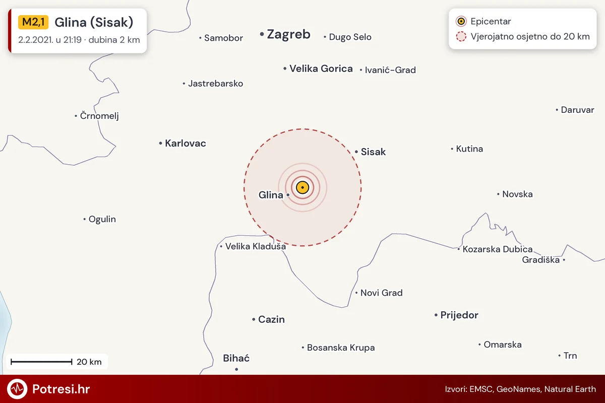 Karta: šire područje i vjerojatni doseg osjeta, potres M2,1, Glina (Sisak), 2.2.2021.