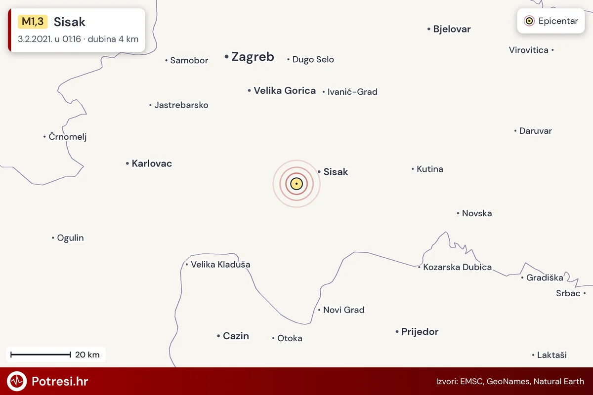 Karta: šire područje i vjerojatni doseg osjeta, potres M1,3, Sisak, 3.2.2021.