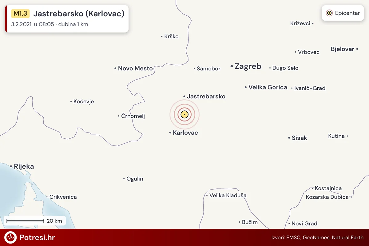 Karta: šire područje i vjerojatni doseg osjeta, potres M1,3, Jastrebarsko (Karlovac), 3.2.2021.