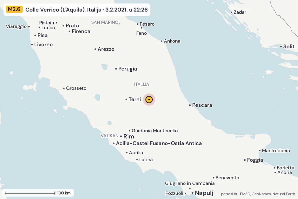 Karta: šire područje, 600 km, potres M2,6, Colle Verrico (L'Aquila), Italija, 3.2.2021.