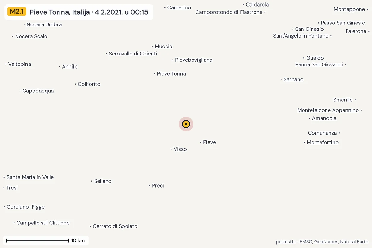 Karta: okolica epicentra, 60 km, potres M2,1, Pieve Torina, Italija, 4.2.2021.