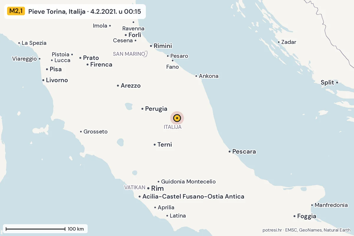 Karta: šire područje, 600 km, potres M2,1, Pieve Torina, Italija, 4.2.2021.