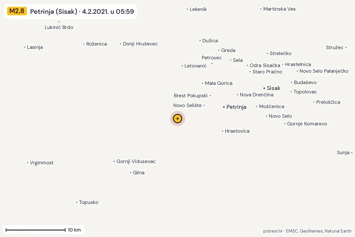 Karta: okolica epicentra, 60 km, potres M2,8, Petrinja (Sisak), 4.2.2021.
