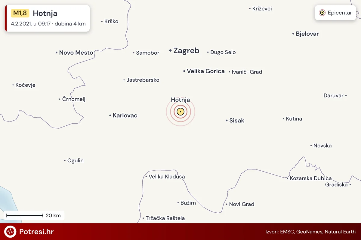 Karta: šire područje i vjerojatni doseg osjeta, potres M1,8, Hotnja, 4.2.2021.